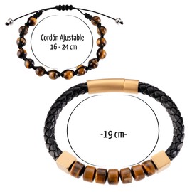 Omky Set de Pulseras para Hombre Ojo de Tigre| Pulsera de cuero trenzado negro cierre magnético de acero inoxidable | Pulsera de hilo ajustable piedra ojo de tigre