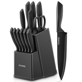 Knife Sets for Kitchen with Block, FOHERE 14 Pcs Kitchen Knife Set with Block Self Sharpening, BO Oxidation Stainless Steel Knife Set with Anti-slip Handle, Dishwasher Safe, Matte Gray