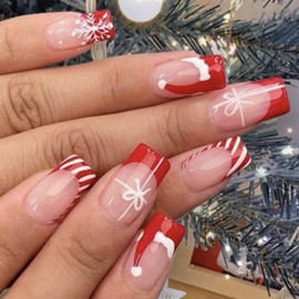 Christmas Press on Nails Short Fake Nails Red Santa Hat French Tip Glue on Nails Red White Stripes Snowflake Bow Pattern False Nails Press ons Square Xmas Stick on Nails for Women 24 Pcs
