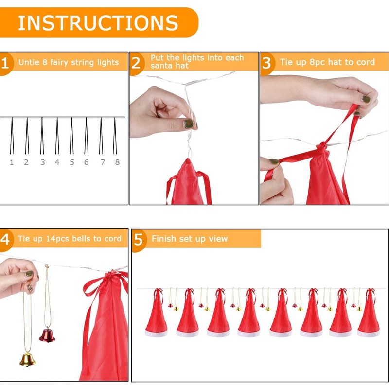 Hanging Lighted Glowing Santa Hats with Bells Battery Powered Fairy