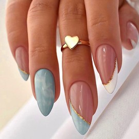 24Pcs Press on Nails Short, Almond French Tips Acrylic Full Cover Fake Nails with Glue Sticker, White Sky Blue False Nails Acrylic Stick on Nails for Women and Girls