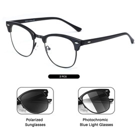 TIANYESY Polarized Sunglasses Photochromic Eyeglasses Unisex TY201903 (T1-2PSC :Black(Polarized)+Black(Photochromic Blue Light))