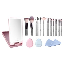 20PCs Travel Makeup Brush Set, Travel Makeup Brushes, Foundation Concealer Powder Eyeshadow Brush Set Contour Blush Eyebrow Eyelash Brush Kit with Led Light Mirror Case & Powder Puffs-Purple Gray