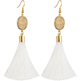 mookaitedecor White Tassel Drop Earrings for Women, Long Dangle Hook Fringe Earrings Fashion Jewellery with Plastic Bead/Titanium Coated Crystal