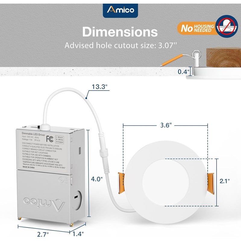 Amico 6 Pack 3 Inch 5CCT Ultra-Thin LED Recessed Ceiling