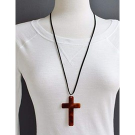 Brown cross necklace 28 long Black faux suede cord Big pendant lightweight