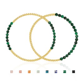 Kainier Gold Beaded Bracelets for Women 2Pairs 14K Gold Plated Stretch Bracelet Set Stackable Tarnish Dainty Natural Stone Bead Bracelets Gift (Malachite)