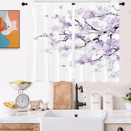 Kikiry Purple Cherry Kitchen Curtains 27.5'' W x 39'' L Small Mini Short Cafe Lavender Spring Floral Sakura Plum Blossom Leaves Japanese Asian Woman Window Drapes Treatment Tiers Fabric 1 Pair