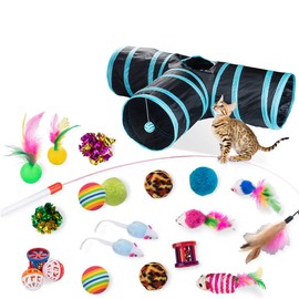 Dono 21Pcs Cat Toys Set-Kitten Interactive Cat Toys for Indoor Cats Assortments-2 or 3 Way Hole Cat Tunnel