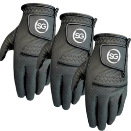 Pack of 3 Synthetic Microfiber Men's Golf Gloves – Adjustable Velcro Closure Strap - Suitable for All Weather Conditions - Soft Feel Grip - Left & Right Handed Golfer – Jet Black (L, Left)