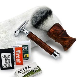 Rosewood Wet Shaving Gift Set - Double Edge Safety Razor & Shaving Brush (Synthetic Badger Hair) + 100% Cotton Facial Tower | Complete & Ready to Use - Premium 3-Piece Set