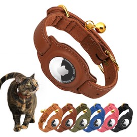 Jowlroel AirTag Cat Collar with Bell & Fabric Liner - Pet Collar Leather Cat Collar - Non Breakaway Leather Kitten Collar with AirTag Holder - GPS Cat Collars for Boy Cats, Girl Cats (Brown)