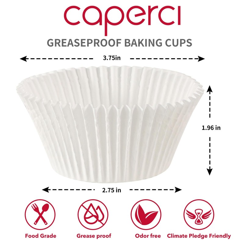 Caperci White Jumbo Cupcake Liners Large Baking Cups, Odorless, Food