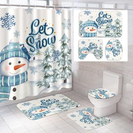 Drydiet 4 Pcs Christmas Snowman Shower Curtain Sets with Non Slip Rugs Toilet Lid Cover Bath Mat and 12 Hooks Let It Snow Blue Winter Snowman Bathroom Decor Xmas Snowflake Shower Curtain for Bathroom
