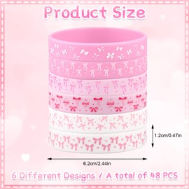 Furbeko 48Pcs Pink Bow Bracelets Silicone Wristbands Party Favors for Pink Coquette Bow Themed Birthday Party Decorations Supplies Gifts Bracelets for Kids Girls Women, 6 Styles