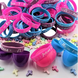 Easter Egg Set | 100 Pack | Alive Edition | Blue - Pink - Purple Eggs (100) | Silicone Bracelets - Child Size - Small 2yr - 12yr Wrist (100) - | Mini Cross Penant (100) | Sticker (100)
