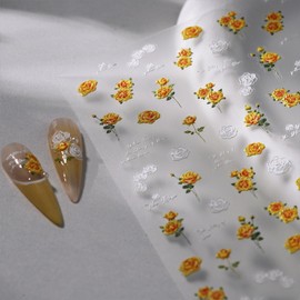 Yellow White Flower Nail Art Stickers 5D Embossed Self Adhesive Nail Decals Summer Spring Nail Stickers for Nail Art Floral Nail Supplies for Women Girls