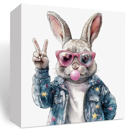 Funny Easter Bunny Decor, Cute Pink Easter Bunny Decor, Preppy Easter Decoration Easter Bunny Blowing Bubble Spring Easter Gift, Wooden Box Decor for Home Girls Room Apartment Desk Table Shelf Decor