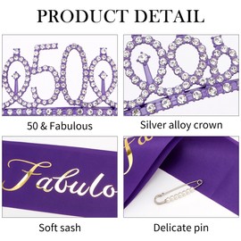 Vovii 50th Birthday Gifts for Women 50th Birthday Sash and Tiara Women Happy 50th Birthday Decorations for Women 50 and Fabulous Sash and Rhinestones Purple Tiara for Women