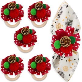 WHIXMSY Christmas Napkin Rings Set of 6 Golden Pinecone Napkin Rings Holders Red Green Pom Pom Ball Xmas Serviette Rings for Christmas Dining Table Decor