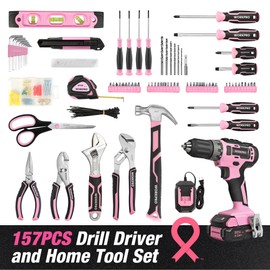 WORKPRO Pink Household Tool Kit with Drill, 157PCS Tool Set with 20V Cordless Lithium-ion Drill Driver, Home Tool Kit for All Purpose, Power Drill Sets with Pink Tool Bag - Pink Ribbon