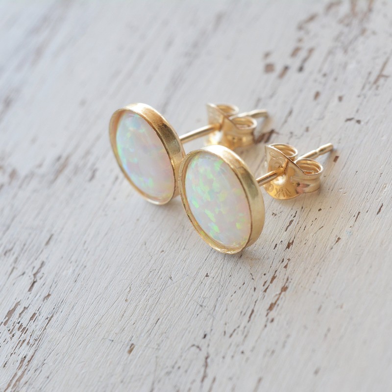 White Opal Stud Earrings 8mm Gold Filled Dainty Earrings