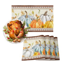 Fall Placemats for Dining Table Set of 6 Pumpkin Maple Leaves Place Mats Wood Grain Autumn Placemat Harvest Thanksgiving Table Mats for Kitchen Table Holiday Dinner Party Home Decor 13x19 Inch