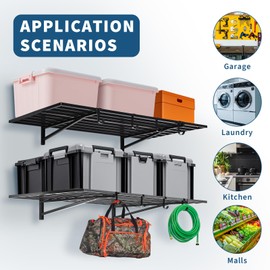 YardYonder 2 Packs Garage Wall Shelving, 46.5"x 24" Heavy Duty Wall Shelf Capacity 400LBS Total, Wall Mounted Storage Shelves with Hooks