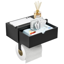 Domax Standard 8.46" Bamboo Toilet Paper Holder with Shelf and Storage Drawer - Wall Mount or Adhesive Bathroom Organizer for Tampons, Cotton Swabs, Wipes or More, Black