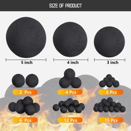 FlameDuty Ceramic Fire Balls for Fire Pit, Set of 6 Round Fire Stones Reusable Fireballs Set for Indoor and Outdoor Fire Pits or Fireplaces Accessory, 5 Inch,Black