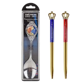 Queen Platinum Jubilee Memorabilia 2022 Collectable Commemorative Stainless Steel Souvenir Remembrance Spoon 1952-2022 Spoon Plus x2 Platinum Jubilee Crown Pens (Black Ink)
