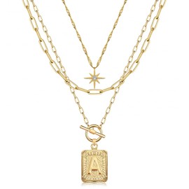 MJartoria Layered Initial Necklaces for Women Trendy, 14K Gold Plated Simple Star Choker Square Letter Pendant Necklace, Paperclip Chain Necklace, Gold Necklaces Jewelry Gifts (Gold, A.)