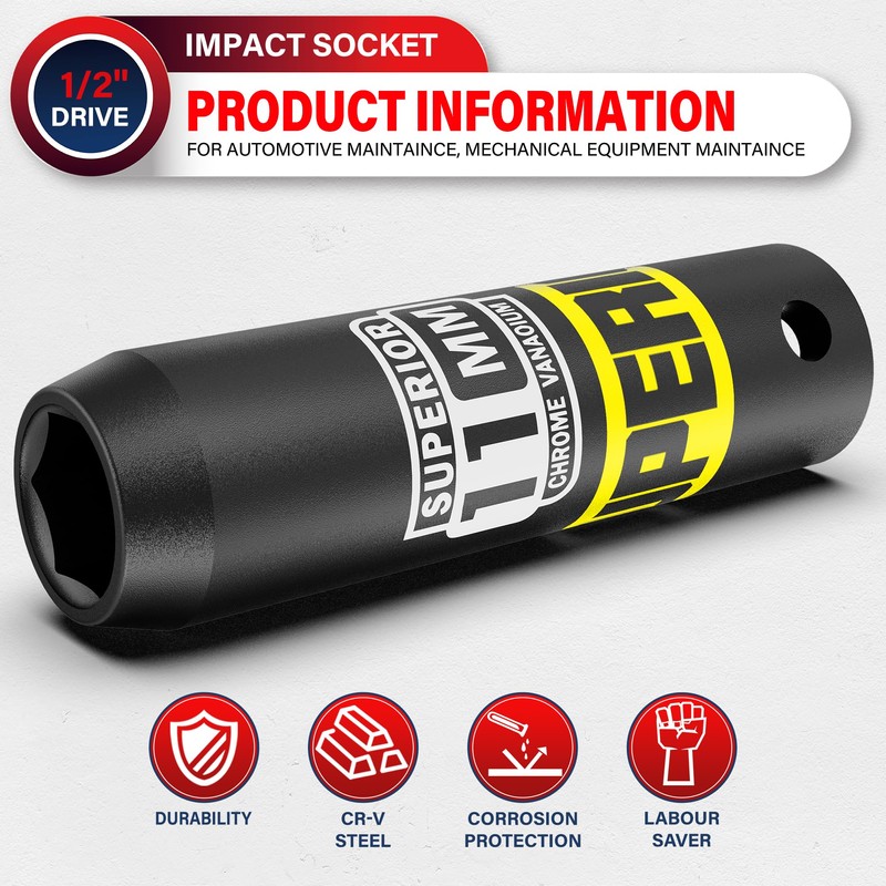 Aiourx 1/2” Drive Impact Socket, 11 mm Deep Socket, Metric,