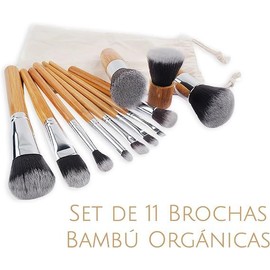 Set Brochas de maquillaje bambu orgánicas estilo Kabuki ecologicas para maquillaje profesional kit (makeup brush set) Aplica Polvos, Base, Blush en cara y ojos 11pcs (Bambú)