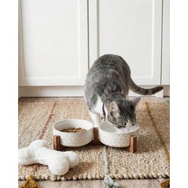 LE TAUCI Dog Bowl Set with Acacia Wood Stand - 1.5-Cup Ceramic Puppy Bowls for Small Dogs, Dual Food and Water Bowls with Weighted Non-Slip Base