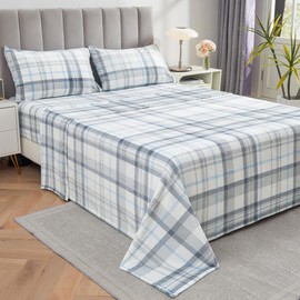 Softan Full Micro Fleece Sheets Set, 4-Piece Full Size Bed Sheet Set, Plush Velvet Fleece Sheet Set with 15" Deep Pocket Fitted Sheet, Flat Sheet, 2 Pillowcase, Soft and Warm, Grey Blue Plaid