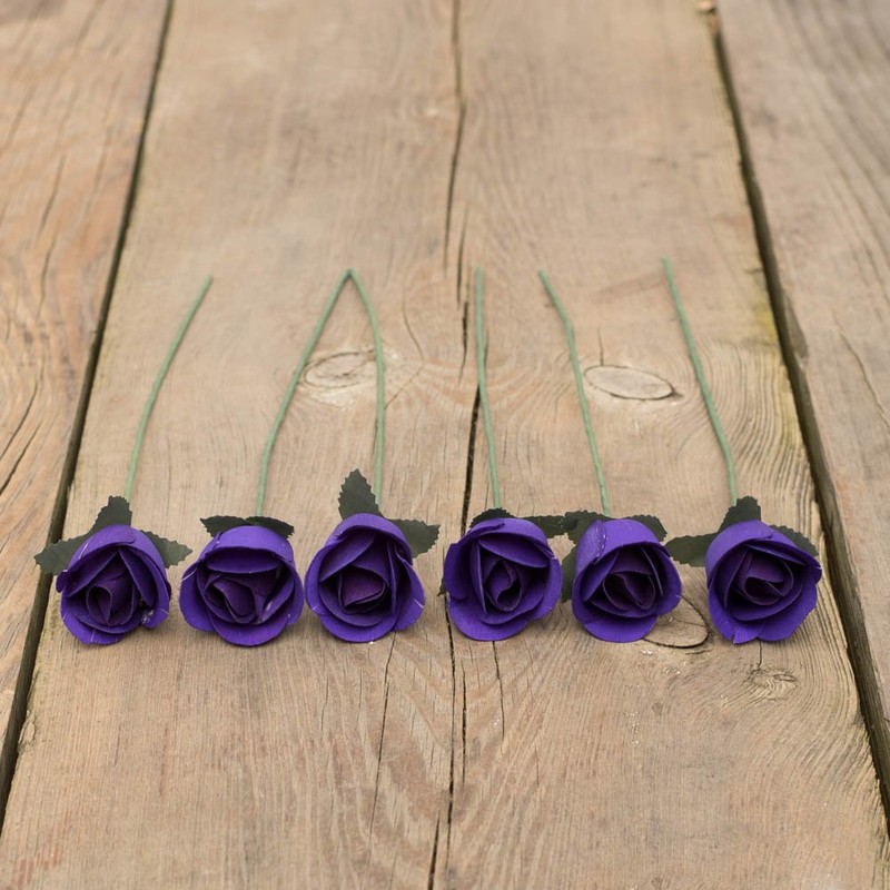 6 Purple Half Open Bud Wooden Roses for Crafts Custom