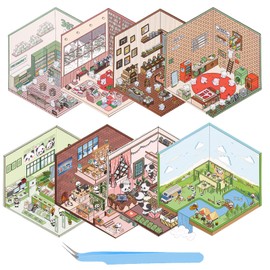 8 Sets 3D Sticker Scene 3D House Sticker Set Make Your Own Supermarket|Coffee Shop|Restaurant Sticker House Cute Cartoon Sticker Scene Suitable for Adults and Children to Pass The Time