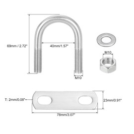 sourcing map Round U-Bolts, 4 Sets 40mm(1.57") Inner Width 69mm Length M10 304 Stainless Steel U Clamp Bolt with Nuts and Plates, for Boat Trailer