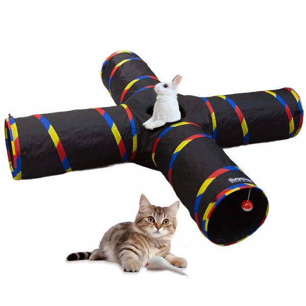 4 Way Cat Tunnels for Indoor Cats, Collapsible Tube 10 Inch Diameter & 47 Inch Longer Cat Tunnel Toy, Bell Ball for Pet Play Puppy Kitten Rabbit (Black)