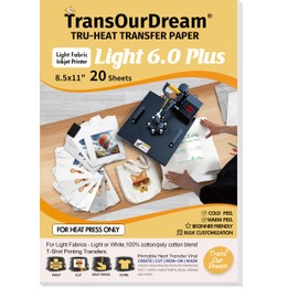TransOurDream Iron on Transfer Paper for Heat Press Machine(20 Sheets, 8.5x11", Light 6.0 PLUS) Iron-on Transfers for T-Shirts Fabrics Printable Heat Transfer Vinyl for Inkjet Printer(TOD-L6P-20)