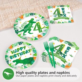 96Pcs Dinosaur 4th Birthday Decorations Dinosaur 4th Birthday Plates Roar Im Four Birthday Tableware Set for Boys Dinosaur 4th Birthday Party Four Year Old Birthday Party Decorations, Serves 24