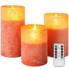 Flickering Flameless Candles - Sandblast Glass Battery Operated with Remote and 2/4/6/8 H Timer, Set of 3 LED Pillar Candles (D3"xH 4"5"6")with Realistic Wax Candles for Home Decor (Sandblast Orange)