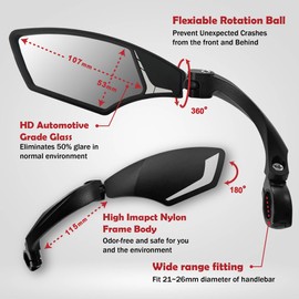 Hafny Handlebar Bike Mirror – HD Glass, Wide Angle, Adjustable 360° Rear View – Shatterproof, Anti-Glare, Premium, MTB, E-Bike, and Commuter Cycling Safety, HF-MR095