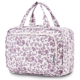 Narwey Large Hanging Travel Toiletry Bag for Women Wash Bag Cosmetics Makeup Bag Organizer for Full Size Accessories (Little Dusty Pink Flower (Large))