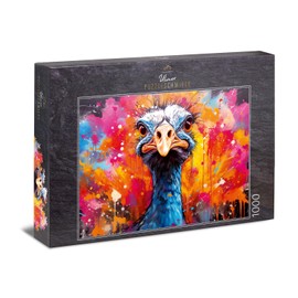 Ulmer Puzzleschmiede - Funny Animal Puzzle Bird Game - Bird Ostrich Puzzle with 1000 Pieces - Grim Ostrich Bird Against Colour Explosion - Puzzle Quality Made in Germany