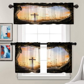Batmerry Stone Sunrise Christian Kitchen Valances Half Window Curtain, is Risen Christian Easter Kitchen Valances for Living Room Bedroom Valance for Decor Reducing The Light 52x18 Inch