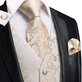 Hi-Tie Stylish Champagne Silk Floral Mens V-Neck Vest and Tie Jacquard Formal Dress Waistcoat for Tuxedo Wedding Party Business