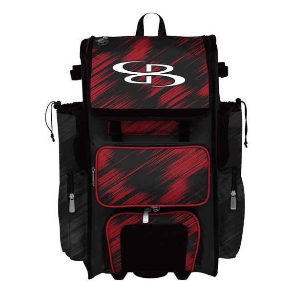 Boombah Rolling Superpack 2.0 Scratch Baseball/Softball Gear Bag - 23-1/2" x 13-1/2" x 9-1/2" - Black/Red - Telescopic Handle - Holds 4 Bats - Wheeled Version