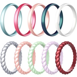 Zollen 10 Pack Silicone Wedding Rings for Women, 3mm Metallic Color Thin Braided Rubber Wedding Bands Stackable Ring, Hypoallergenic Silicone, Size 5